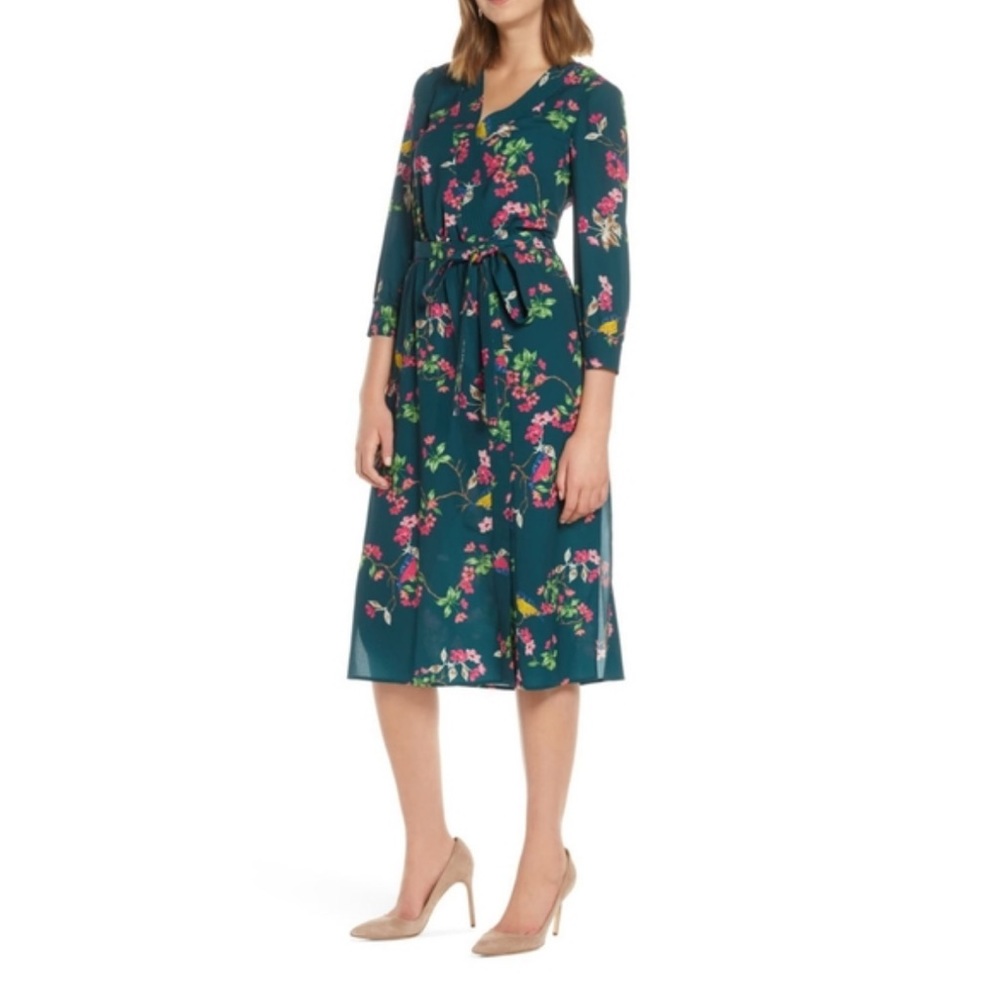 Eliza J Dress Teal Blue GreenFloral Faux Wrap Midi Dress